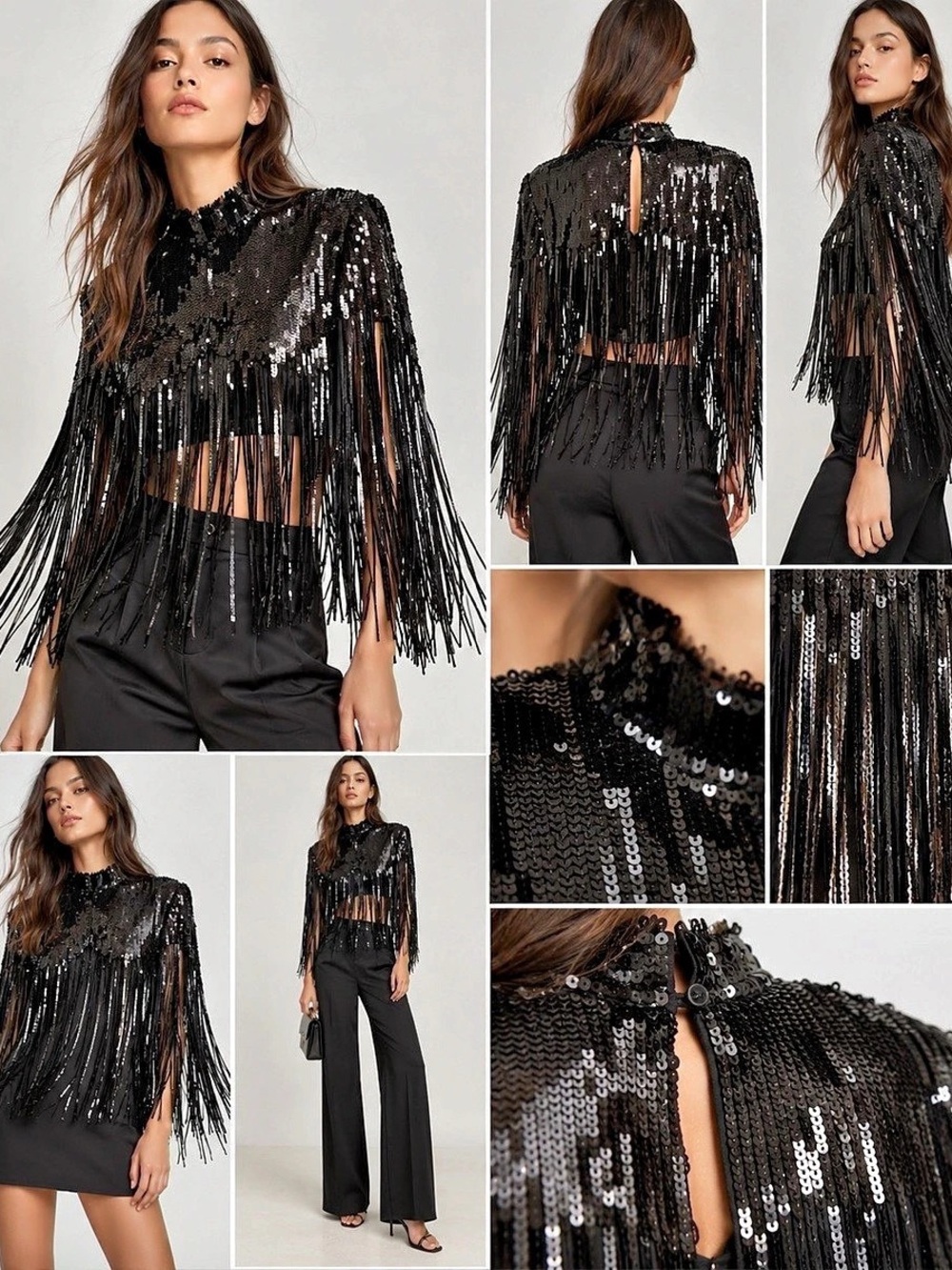 ZARA Black Sequin Fringe Cape S/M NWT – Ref. 8741/201